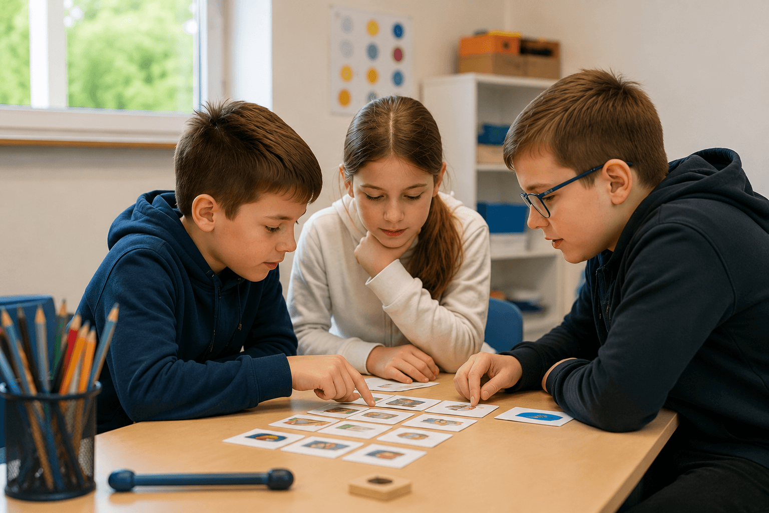 Drei Kinder spielen gemeinsam ein Kartenspiel am Tisch
